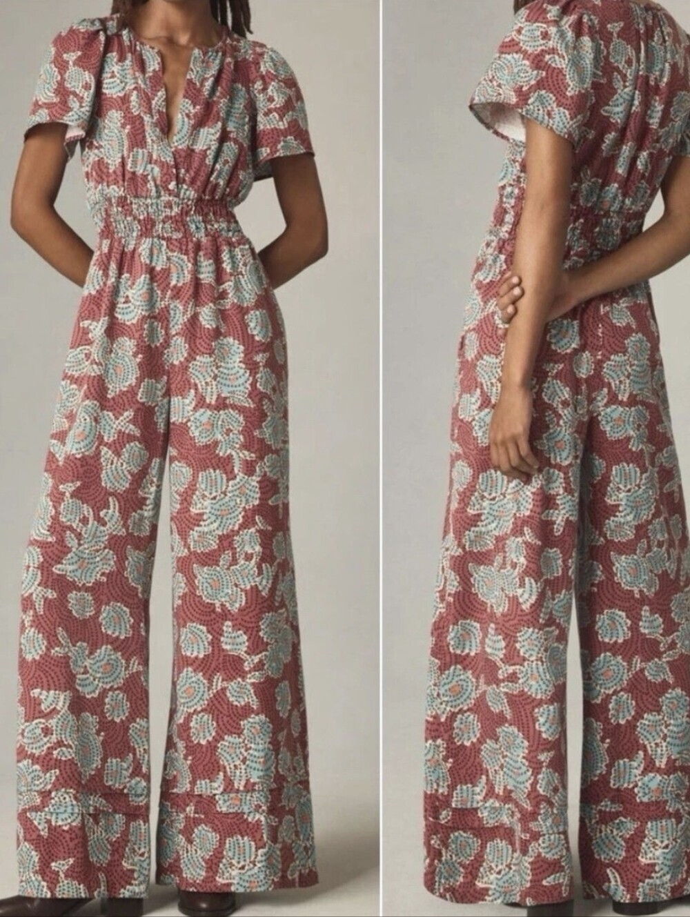 Anthropologie Somerset Floral Smocked Wide Leg Jumpsuit Sz.S Boho Vneck